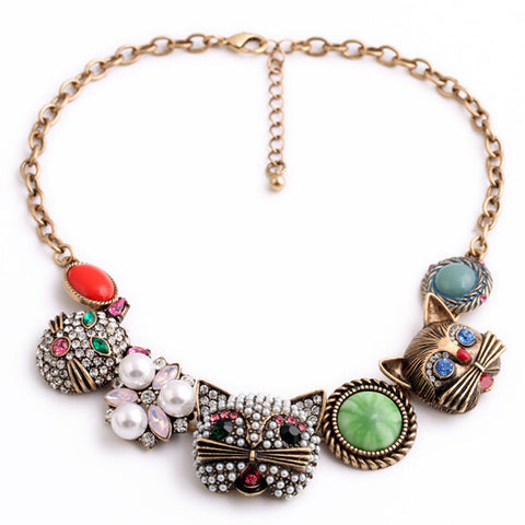 Crystal Choker Cartoon Cat Pendant Necklace
